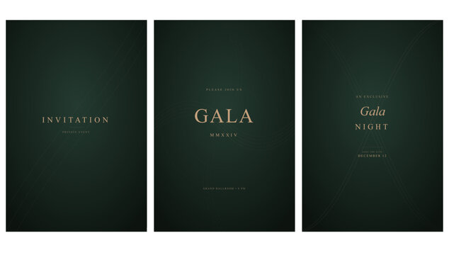 Luxury gala invitation card set with elegant gold text on dark green background for formal events