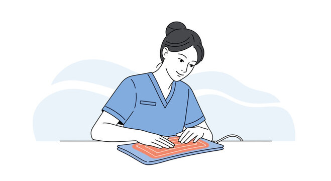 Nurse using a heating pad for patient care in a modern vector illustration style, clean lines, blue and orange color scheme.