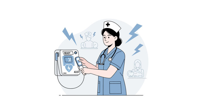 Nurse using Automated External Defibrillator (AED) for emergency medical care