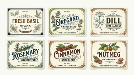 Vintage botanical herb and spice label collection for kitchen jars © albab