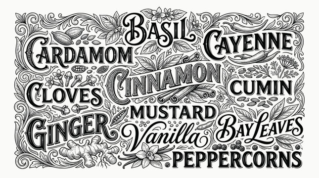 Vintage hand drawn spice and herb label collage with lettering