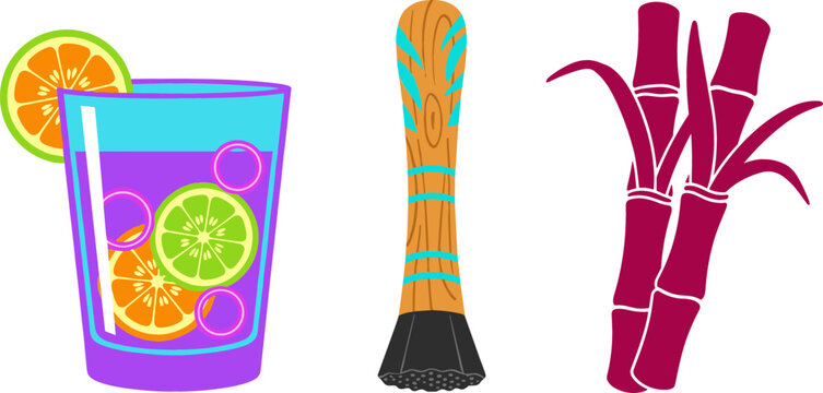 Tropical Caipirinha Cocktail Vector Set with Purple Drink Glass, Wooden Cocktail Muddler Tool, and Magenta Sugarcane Stalks for Bar Menu Designs