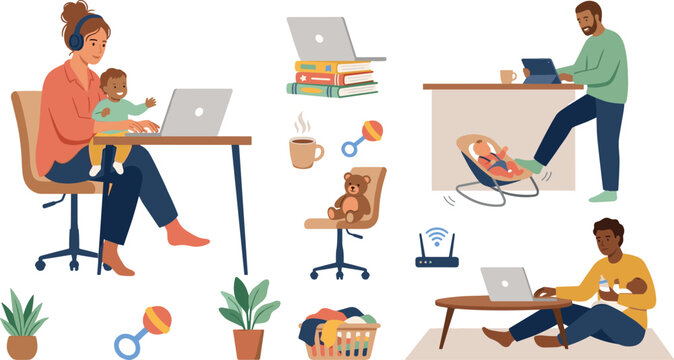 Work From Home Parenting and Family Lifestyle Collection with Remote Work Childcare Online Learning and Household Daily Activities