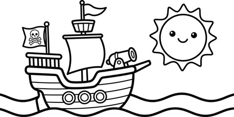Pirate ship and sun coloring page for kids fun activity and educational illustration © monoara begum
