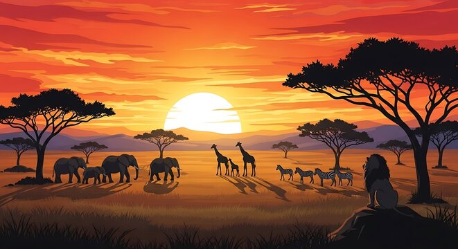 Serene African savanna sunset with zebras and giraffes.