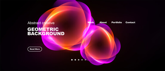Obraz premium Dark background features vibrant abstract shapes. Text elements include headings, navigation, button. Modern design, bold colors, geometric patterns present.