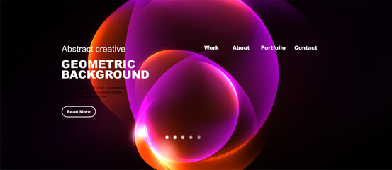 Obraz premium Dark background features vibrant overlapping circles. Text elements present website navigation, title, button. Modern design, gradients dominate visual space.