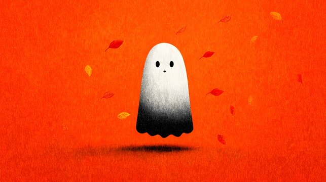 Cute ghost character floating against a vibrant orange background with autumn leaves for Halloween concepts.