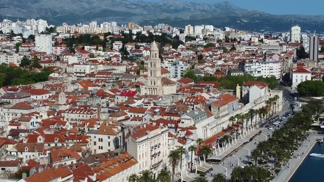 Aerial view of split diocletian's palace and riva promenade in croatia