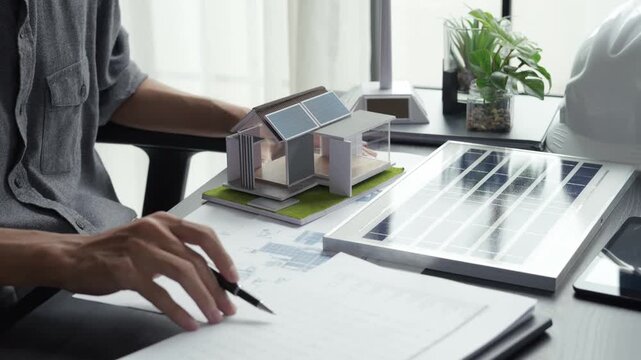 Electrical engineer working on blueprint with solar panel model sustainable energy concept