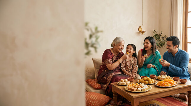 Multi-generational indian family sharing sweets during a festival