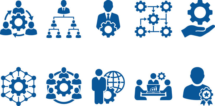 Management leadership icons set for corporate strategy business organization growth and team development.
