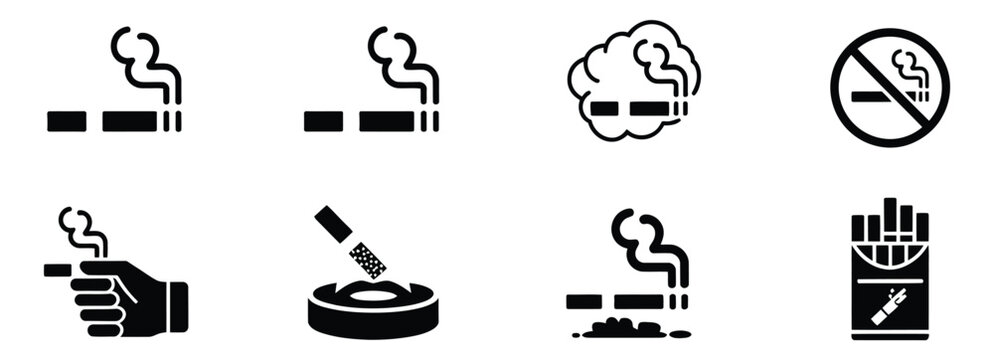Cigarette vector icon set, cigar smoking symbols, smoke concept signs, tobacco illustration icon set, EPS 10 editable vector.