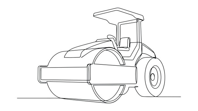 road roller compactor machine for construction and pavement work, continuous line art vector illustration for infrastructure development and engineering