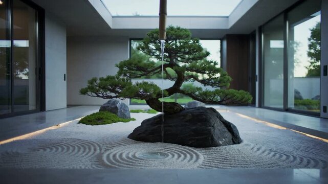 Zen garden with bonsai tree and raked sand in modern architectural setting rocks