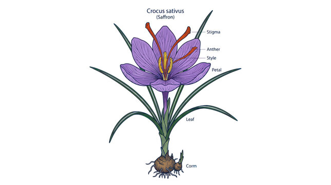 Saffron crocus sativus plant diagram with labeled botanical parts