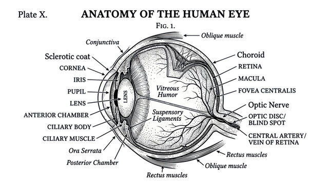 Vintage diagram of human eye anatomy with detailed scientific labels