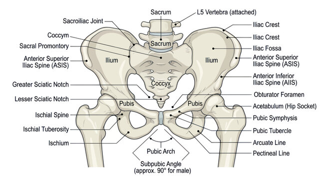 Anatomical diagram of the human pelvis with bone terminology