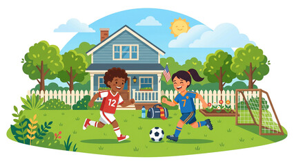 Naklejka premium Happy Children Playing Soccer in the Backyard of a Suburban House Vector Illustration