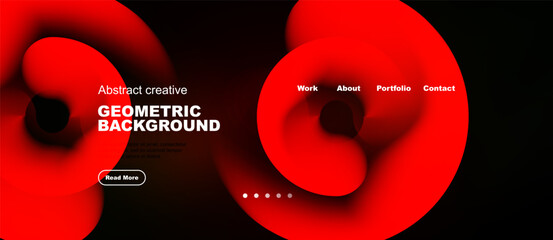 Naklejka premium Red abstract shapes dominate dark background. Minimalist website design features text, navigation, dots. Modern aesthetic.