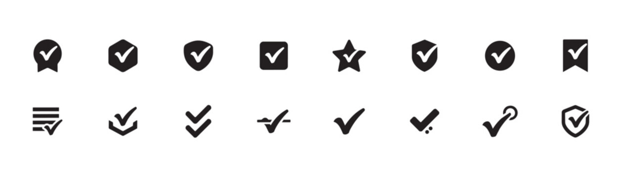 Selection of diverse checkmark symbols and verification icons for user interface design. Perfect for task lists checkboxes confirm actions and approved states.