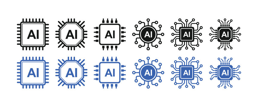 Artificial intelligence microchip processor icons perfect for smart technology computing and cyber development