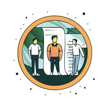 Flat illustration of people measuring height on a chart