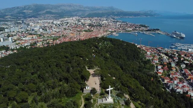 Aerial view of marjan park overlooking split city and adriatic sea