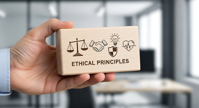 Hand holding ethical principles wooden blocks with light bulb.