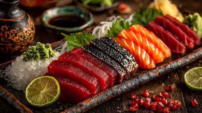 Fresh Japanese sashimi platter featuring salmon, tuna, and garnish on a traditional wooden tray.