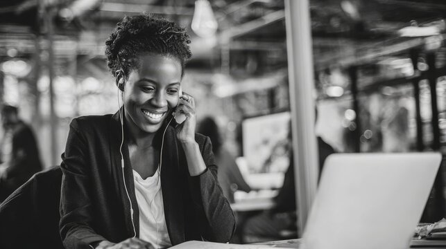 100.Smiling businesswoman working through project difficulties on a laptop in a contemporary open space office, professional and realistic workplace scene