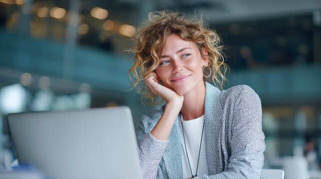 100.Smiling businesswoman working through project difficulties on a laptop in a contemporary open space office, professional and realistic workplace scene