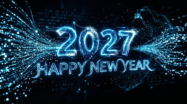 Digital data stream forming number 2027 with binary code and matrix style effect, futuristic technology New Year concept design