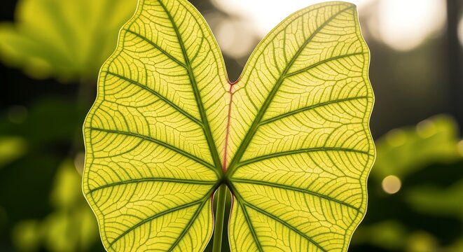Close-up of a vibrant green elephant ear leaf backlit by the sun.