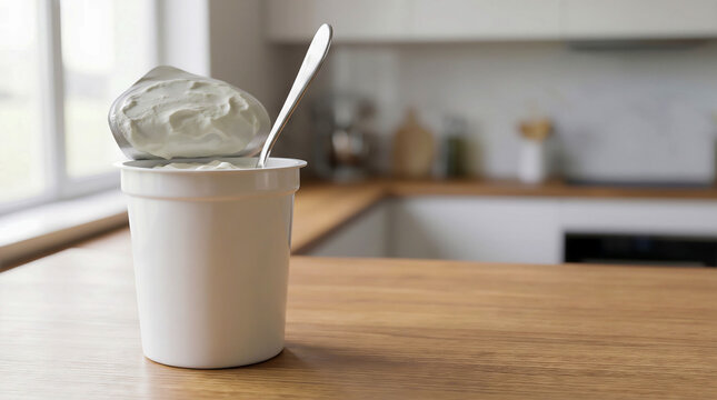 Yogurt container open spoon inside fresh healthy breakfast concept