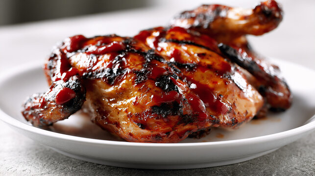 Flame grilled barbecue half chicken with crisp grill marks on a white plate