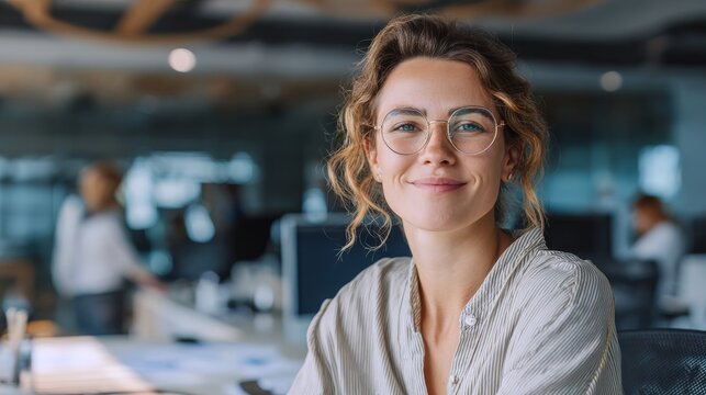 45.Natural office environment with a smiling female employee in glasses, seated at desk during discussion, white and neutral tones, calm confident expression, modern corporate culture concept