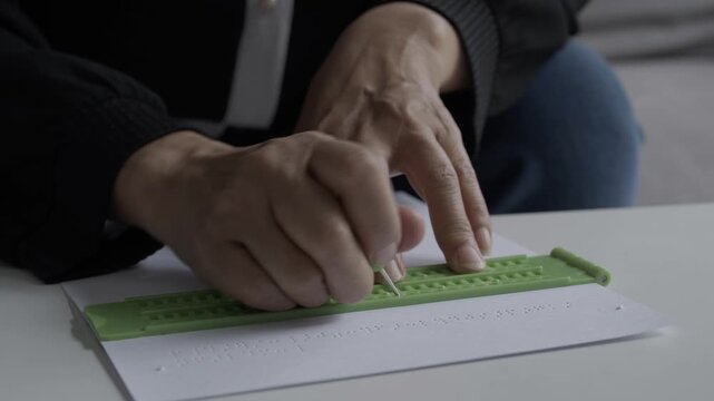 Blind people read Braille letters on white paper