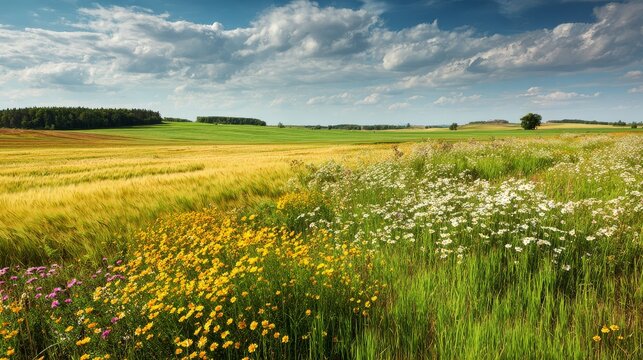 63.Idyllic rural landscape featuring green and golden fields, blooming flowers, open sky with soft clouds, tranquil summer day in an ecologically clean area