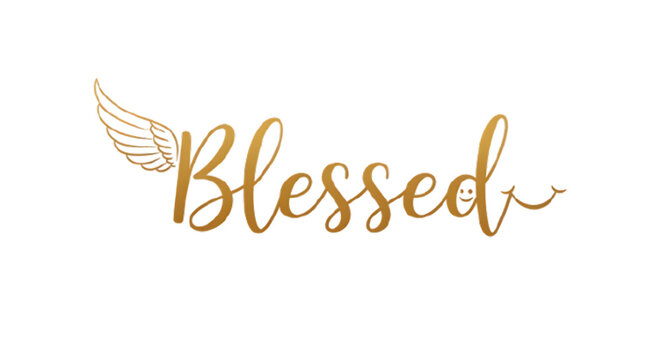 Inspirational blessed phrase with golden wings on black background