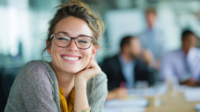 41.Concept = A smiling woman in glasses sits at a desk during an office meeting. The bright, airy setting suggests a relaxed and positive work environment