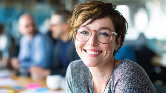 41.Concept = A smiling woman in glasses sits at a desk during an office meeting. The bright, airy setting suggests a relaxed and positive work environment