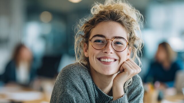 41.Concept = A smiling woman in glasses sits at a desk during an office meeting. The bright, airy setting suggests a relaxed and positive work environment
