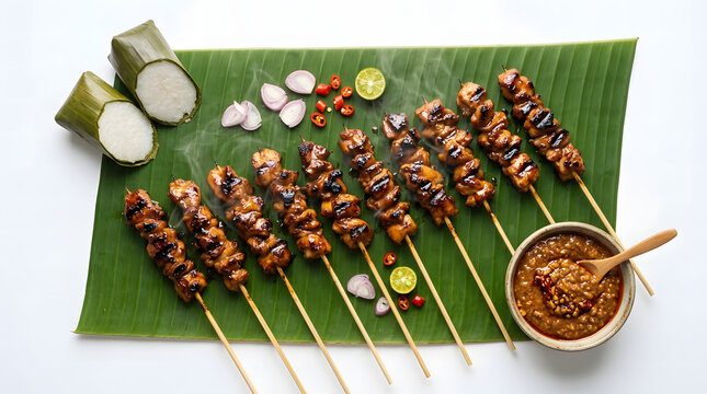 Steaming sate Madura chicken skewers arranged on banana leaf with peanut sauce, lontong rice cake, shallots, chili, and lime in an authentic overhead presentation.
