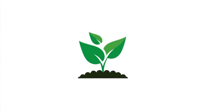 82.Flat vector illustration of a minimal plant symbol with three green leaves and soil base, clean lines, white background, sustainability concept