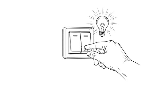 Hand flipping a light switch with glowing bulb illustration.
