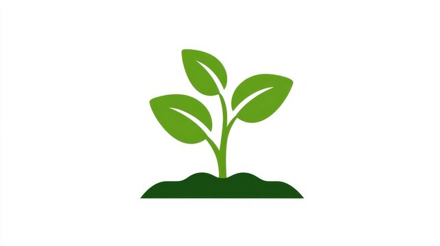 82.Flat vector illustration of a minimal plant symbol with three green leaves and soil base, clean lines, white background, sustainability concept