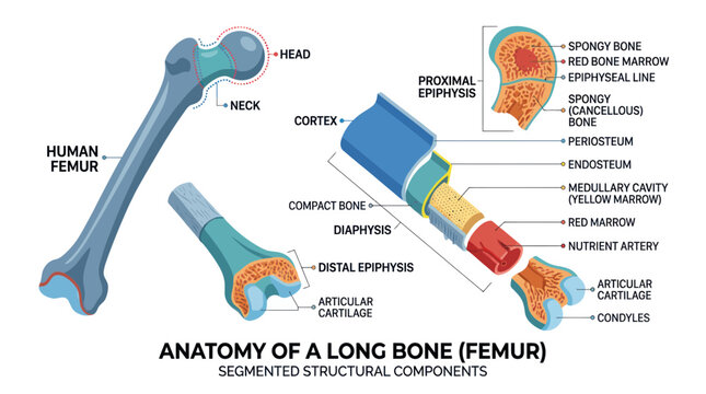 Anatomy of a human femur with labeled structural components