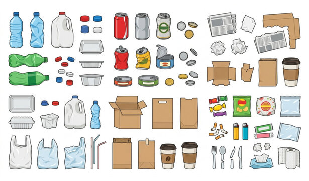 Household Trash and Litter Objects Vector Collection for Recycling and Environmental Awareness Design