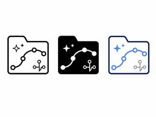 Fototapeta premium Data analytics icon set: black, white, and blue folder designs with graphs and stars